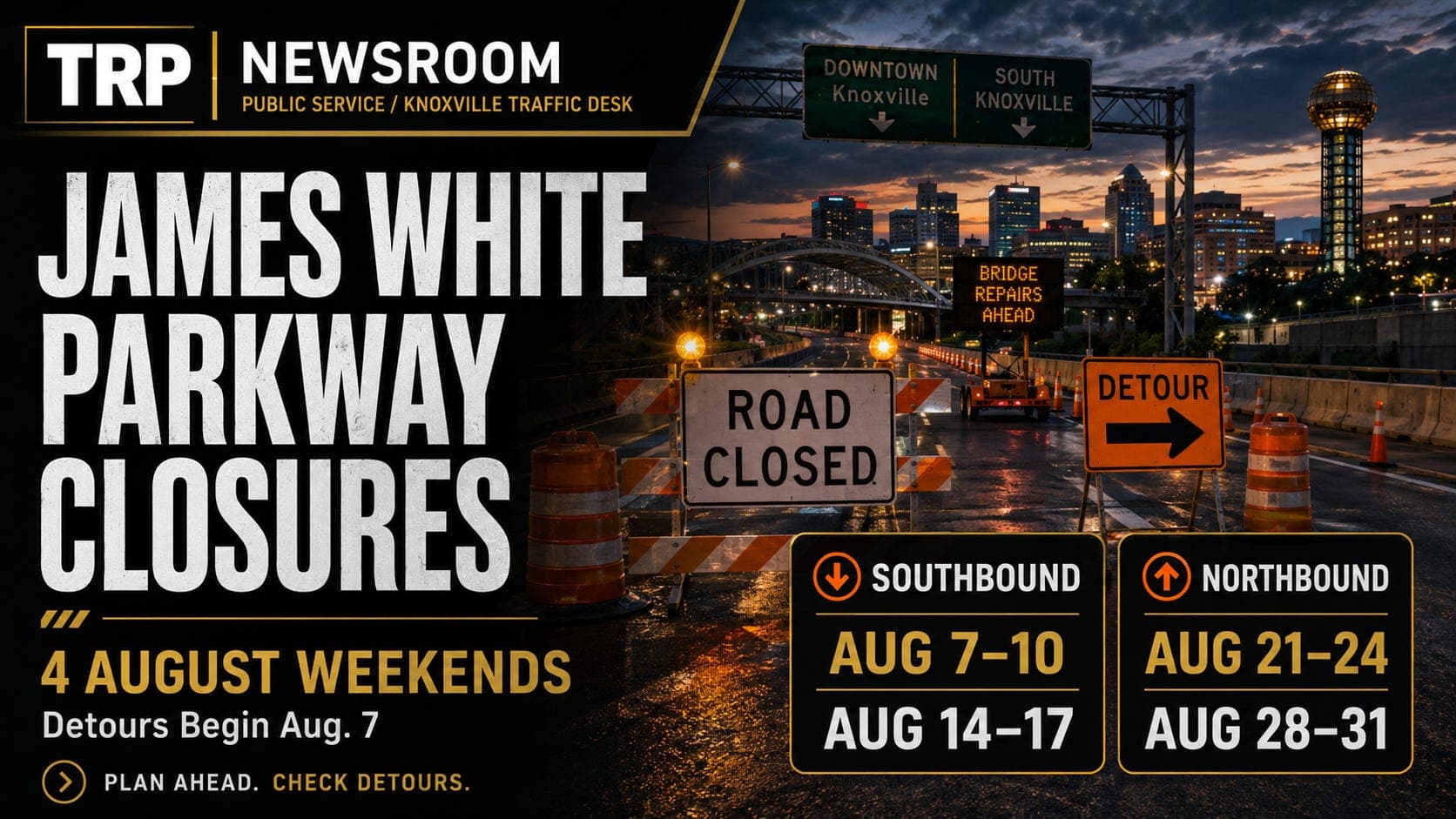 Four Weekends of James White Parkway Closures Begin Aug. 7. Here Are the Detours. artwork